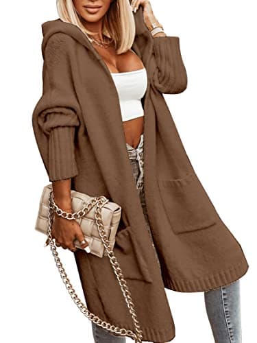 Aoysky Womens Long Cardigans Cable Knitted Open Front Oversized Hooded Outerwear Sweater Coat Brown - Image 1