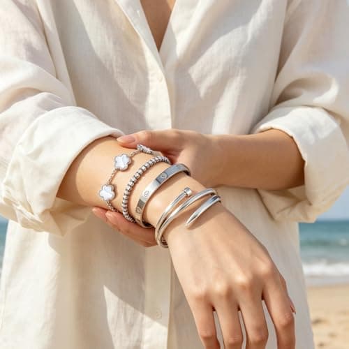 JINDETAI Stackable Silver Bracelets for Women - 3/4/5 Sets, Non-Tarnish Stainless Steel & Sterling Silver Trendy Stackable Bangle Jewelry Set, Gifts for Valentine's Day, Birthday, Prom and Christmas - Thumbnail 4