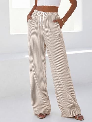 BTFBM Striped Wide Leg Pants for Women Spring Summer 2026 Drawstring Lounge PJ Beach Bottoms Casual Trousers Pockets(Brown, Small) - Thumbnail 4