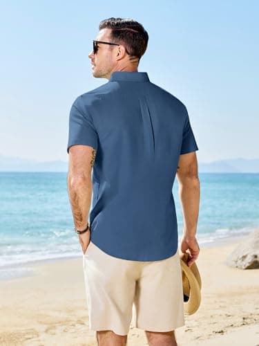 JEMLDL Big and Tall Men's Guayabera Cuban Shirt Cotton Linen Short Sleeve Light Collared Casual Business Wedding Outfits Navy Blue 4XL - Thumbnail 2