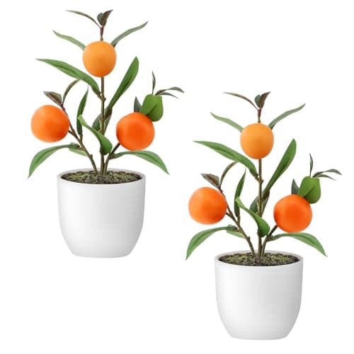 2 Pack Small Artificial Orange Tree Potted, 10.2" Realistic Fake Orange Plant with Vibrant Fruits & Foliage, UV Resistant Faux Citrus Tree with White Pot for Home, Office, Living Room, Kitchen Decor - Image 1