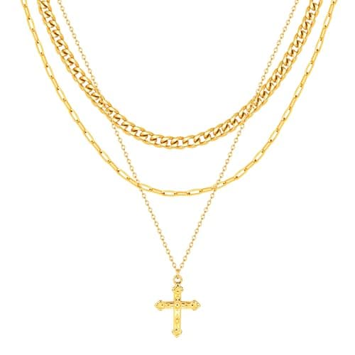 KSF Gold Cross Necklace for Women - 14K Gold Plated Stackable Layering Necklace Non Tarnish, 3pcs Layered Dainty Cross Pendant Stack Paperclip Cuban Link Chain, Faith Jewelry Gift for Her - Image 1