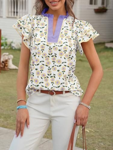Tankaneo Womens Ruffle Sleeve Floral Blouses Summer Dressy Casual V Neck Tops Loose Fit Pleated Flowy Shirts Yellow - Thumbnail 4