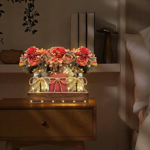 HOMECOR Mason Jar Light Centerpiece Table Decor for Dining Room - Farmhouse Centerpiece Table Decorations with Wood Tray and Remote Control LED Lights for Coffee Table Decor Living Room Wedding - Thumbnail 4