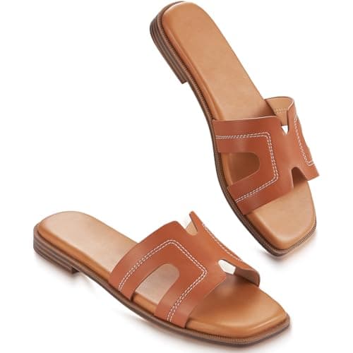 KENMITDY Womens Sandals Slip On Fashion Flat Sandals Soft Memory Foam Slides Comfortable Leather Open Toe Slide For Summer Dressy 2026 Size 9 - Image 1