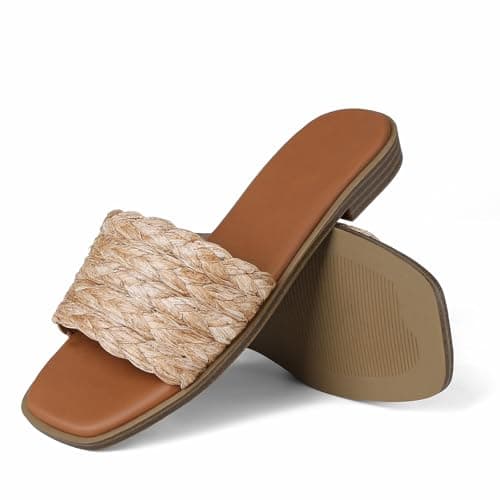 femflame Brown Women's Slide Sandals Espadrilles Flat Sandals for Women Slip on Beach Sandals Summer Casual Woven Shoes with Open Square Toe for Daily Dress Vacations Holiday - Thumbnail 5