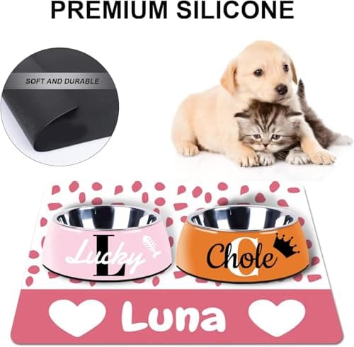 Personalized Dog & Cat Food Mat with Name Waterproof PU Pet Bowl Mat Non-Slip Rubber Bottom Easy Clean Available in(24"×16", 30"×20", 36"×24") | Pet Feeding Mat for Food & Water (Pink Love) - Thumbnail 2