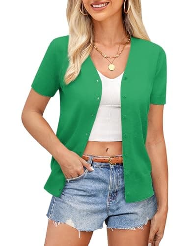 GRACE KARIN Womens Lightweight Summer Cardigan V Neck Cropped Button Down Short Sleeve Cardigan Sweater Shrug (Green,S) - Image 1
