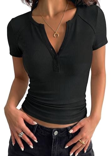 PRETTYGARDEN Womens Short Sleeve Henley Shirts 2026 Summer Trendy Ribbed Tops Fitted V Neck Button Up T Shirts Spring Blouses (Black,X-Large) - Image 1