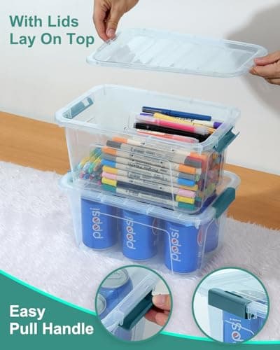 Storage Bins with Lids 6 Pack Clear Storage Containers, 7 Quart Stackable Plastic Containers with Secure Buckle Latch, Durable Storage Box Organizer for Pantry, Closet, Office & Classroom, Blue - Thumbnail 5