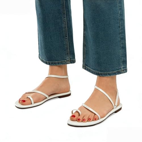 Strappy Greek Flat Sandals for Women Dressy Beach Slip-On Shoes | Unique Strap Design, Non-Slip Sole, Pearlized Leather Upper, Dressy Strappy Sandals for Casual, Beach, Everyday Wear White Patent - Thumbnail 2