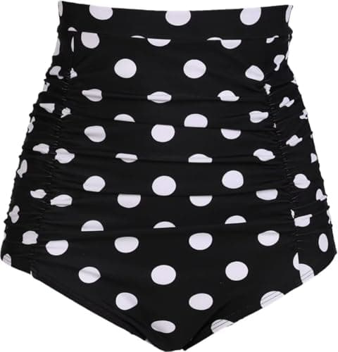 COCOPEAR Women's Ruched High Waisted Bikini Bottom Retro Vintage Swim Short Tankinis Polka Dot Black 2XL - Image 1