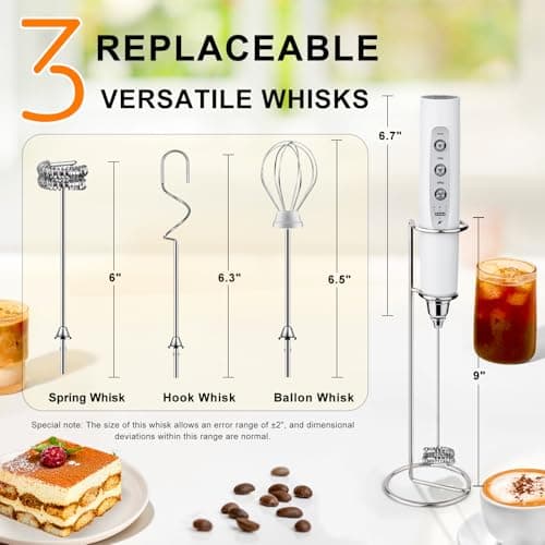 YUSWKO White Handheld Milk Frother Wand with Stand for Coffee, Rechargeable Electric Whisk with 3 Heads 3 Speeds Drink Mixer Coffee Frother For Latte, Cappuccino, Hot Chocolate, Egg - Thumbnail 5