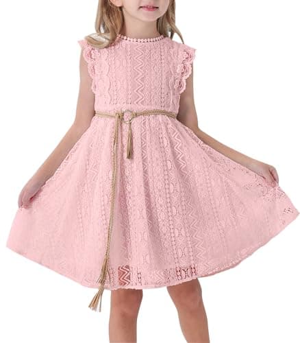 ALLOVIN Toddler and Girls Vintage Boho A-Line Lace Dress with Belt Pom Pom Trim Birthday Party Dress | Pink | 6-7Y