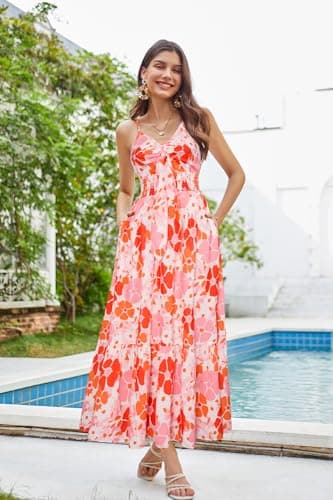Women's Summer Casual Boho Dress Floral Print Ruffle Sleeveless High Waist Maxi Beach Dresses - Thumbnail 2