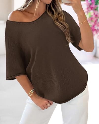 BTFBM Summer Sweaters for Women Lightweight 2026 Summer Oversized Short Sleeve Knitted Pullover Casual Loose Spring Tops(Brown, X-Large) - Thumbnail 6
