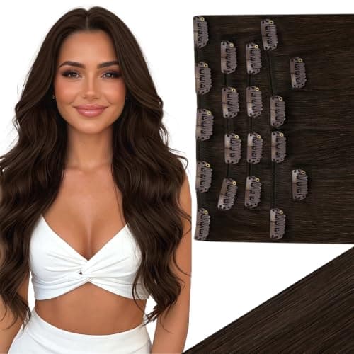 Ve Sunny Brown Clip in Hair Extensions Real Human Hair Brunette Hair Extensions Clip ins Human Hair Medium Brown Thick Double Weft 16 Inch 120g 7pcs - Image 1