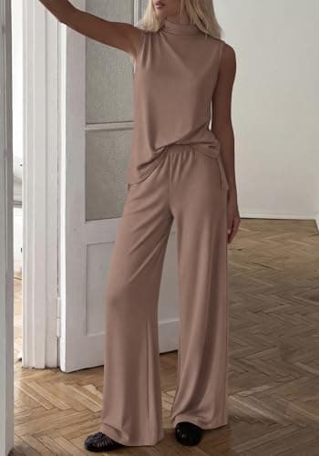 BTFBM Summer 2 Piece Lounge Sets For Women Sleeveless Mock Neck Top Wide Leg Pants Airport Travel Beach Vacation Outfits(Khaki, X-Large) - Thumbnail 5