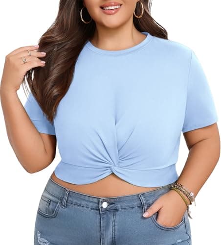 Lastshe Women's Plus Size Summer Crop Tops Short Sleeve Blouses Tie Front Tee T-Shirt Outfits,Light Blue,1X - Thumbnail 2