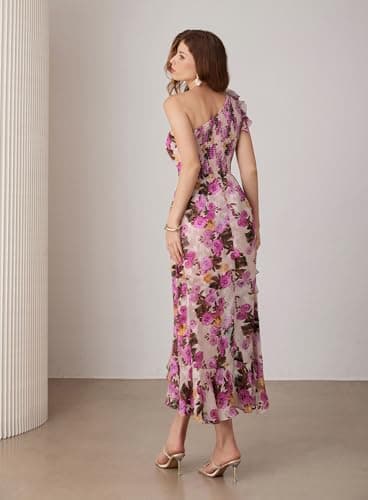 GRACE KARIN Women Summer One Shoulder Sleeveless Dresses Floral Ruffle High Low Wedding Guest Sundresses Apricot Pink 12 - Thumbnail 4