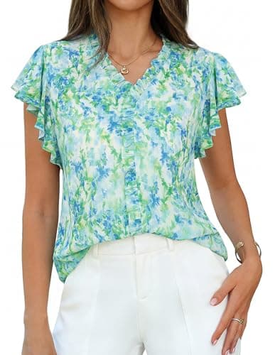 GRACE KARIN 2026 Boho Tops for Women Dressy Casual,Ruffle Sleeve Chiffon Blouses,V Neck Summer Fashion Clothes Green M - Image 1