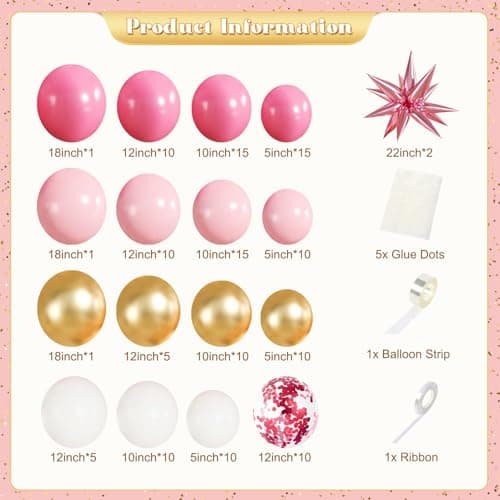 Pink White Gold Balloon Garland Arch Kit, 140Pcs Hot Pastel Pink Gold White Confetti Balloons With Stars for Birthday Wedding Birdal Shower Gender Reveal Graduation Party Decorations - Thumbnail 4