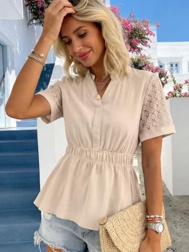 HEYTALALA Womens Peplum Tops Summer Lace Short Sleeve V Neck Shirts Dressy Casual Babydoll Blouses Apricot S - Thumbnail 5