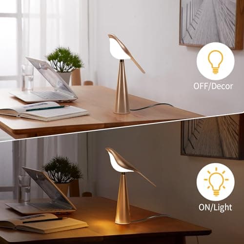 Xhope4u Small Desk Lamp, Bird Lamp, 10 Level Dimmable Brightness Bedside Night Light, Bedroom Table Lamp for Dorm, Office, Gifts, Reading, 3 Colors, Metal Finish, Gold, 360° Rotation - Thumbnail 5