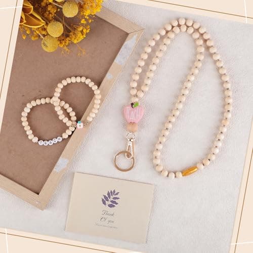 BESARME Teacher Appreciation Gifts, Teacher Gifts Teachers Bracelet with Wooden Beaded Teacher Lanyard Thank You Cards for Women - Thumbnail 3