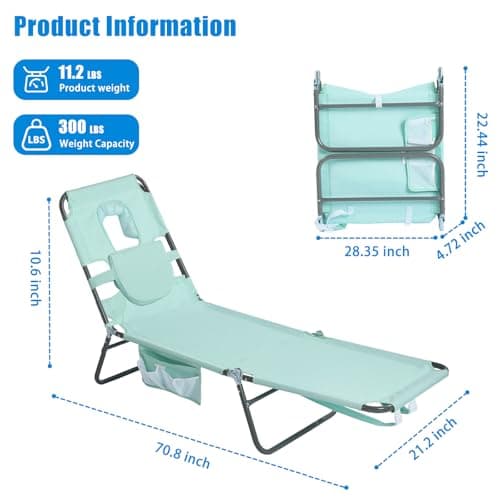 SUNNYFEEL Lay Flat Tanning Chair with Face Down Hole & Arm Slots, Backpack Beach Lounge Chair, 5-Position Folding Sunbathing Chair, 300 LBS Heavy Duty, 72" L x 22" W for Beach, Pool, Camping - Thumbnail 3