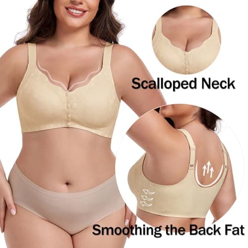 Women's Daisy Bras Front Snap Closure No Underwire Comfortable Soft Seamless Wireless Lace Bralettes Senior Full Coverage Anti Saggy Breast Tshirt Everyday Bra Apricot, L - Thumbnail 4