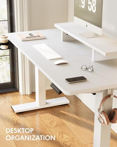 FLEXISPOT Standing Desk with Monitor Stand, 48 x 24 Inches One-Piece Electric Height Adjustable Computer Desk with Cup Holder for Home Office (White Frame+ White Top) - Thumbnail 2