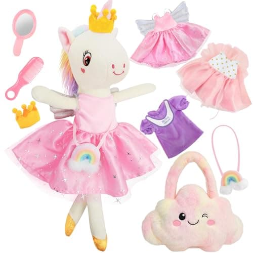 Unicorn Toys for Girls Age 4-6, Ballerina Doll Toys for Girls 3-5, Ballet Dress up Stuffed Animals Dolls with 3 Sets of Clothes & Plush Bag, Unicorn Birthday Gifts for Kids Age 3 4 5 6 7 8 9 10 - Image 1