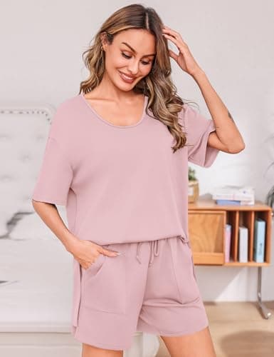 Totatuit 2 Piece Lounge Sets for Women Oversized Tee and High Waist Shorts Summer Matching Outfits Soft Pajama Set for Vacation and Sleep Pink Small - Thumbnail 3