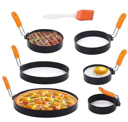 6 Packs Professional Pancake Ring Set,3" Omelette Ring,4" Non-stick Griddle Pancake Shapers with Oil Brush,6" Stainless Fried Egg Molds with Orange Anti-scald Silicone Handle,8" Pancake Molds
