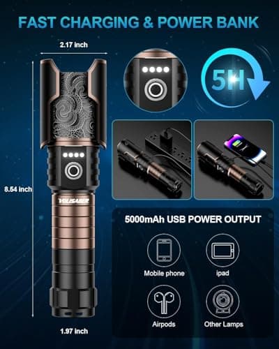 VOLISABER 5000 Lumens Rechargeable Flashlight, Tactical LED Flashlight High Lumens with Ignition Lens, 6 Modes Zoomable Waterproof Flash Light for Camping Emergency & Outdoor Adventure - Thumbnail 4