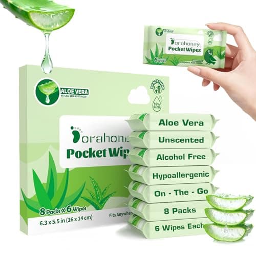 Dorahoney Unscented Wet Wipes Travel Size with Aloe Vera, Hypoallergenic Pocket Wipes for Sensitive Skin, 99% Water Moisturizing Mini Wipes Travel Essentials, 48 Count (8 Packs of 6) - Image 1