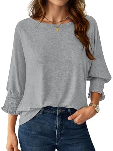NORACORA Women's 2025 Fashion Tops 3/4 Sleeve T-Shirts Smocked Cuffs Cute Dressy Casual Crewneck Basic Business Tees Blouses Gray XL - Image 1