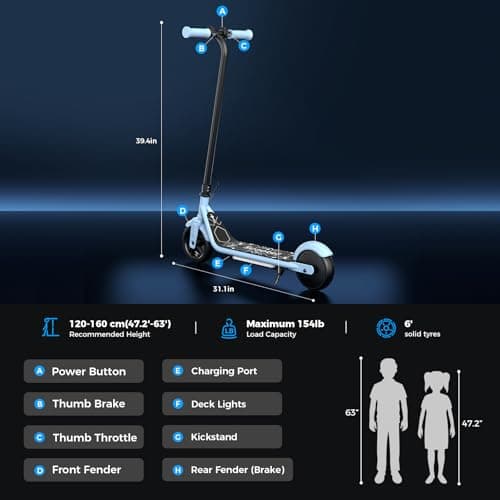 Electric Scooter for Kids, 150W Motor, Simple One-Button Control, 2 Safe Speeds (6/10 MPH), Colorful Lights, Magnetic Charging, Dual Brake System, Ideal Presents for Boys & Girls, Blue - Thumbnail 6