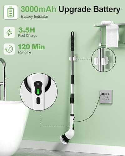 Electric Spin Scrubber, Cordless Power Cleaning Brush with 9 Replaceable Brush Heads, Bathroom Scrubber with Extension Arm, 2-Speed Motorized Tile Floor Scrubber for Tub, Sink, Wheel, White-ra1 - Thumbnail 6