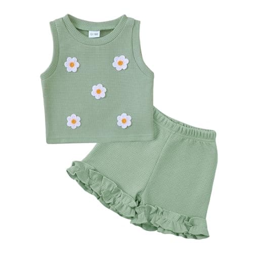 Kislio Toddler Baby Girl Outfits Floral Summer Clothes Waffle Sleeveless Tops Ruffle Shorts Cute Infant Spring Clothes Set - Image 1