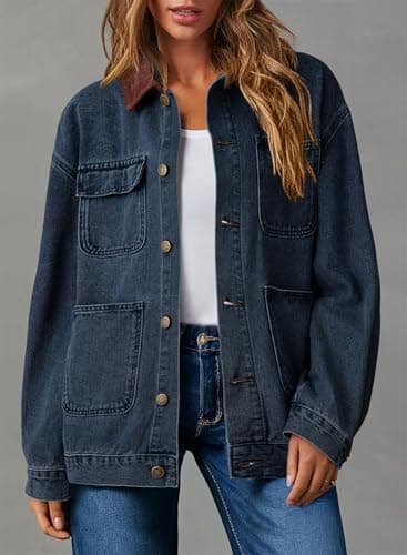 Dokotoo Denim Jacket For Women Long Sleeve Button Down Oversized Jean Jacket Denim Shirt Fall Clothes Winter Coats For Women Barn Jackets Shacket Coat With Pockets Dirty blue 2XL - Thumbnail 5
