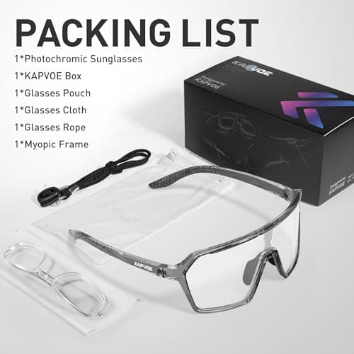 KAPVOE Photochromic Cycling Glasses Men Mountain Bike Glasses Women Clear MTB Sports Sunglasses TR90 Biking Goggles Transition Bicycle Glasses Triathlon Running UV Protection Black - Thumbnail 6