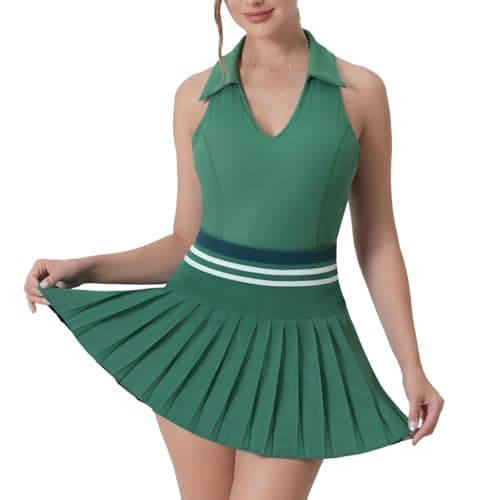 Pobodo Two Piece Tennis Skirt Set for Women, Athletic Outfit with Pockets & Built-in Shorts, Moisture Wicking Golf Dress Green - Image 1