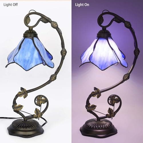 FILIUTF Stained Glass Table Lamp, Blue Flower Style Metal Leaf Base Desk Reading Light, Adjustable 3 Color Temperature Decor for Bedroom Home Office - Thumbnail 6