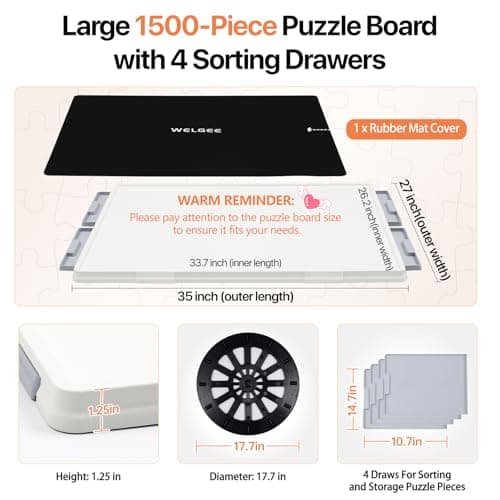 WELGEE 1500 Pieces 2-in-1 Tilting & Rotating Puzzle Board with Drawers and Cover, 35"x27" Portable Spinning Plastic Jigsaw Puzzle Table for Adults, Upgraded Lazy Susan - Thumbnail 2