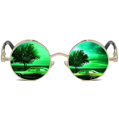 ROCKNIGHT Steampunk Polarized Circle Sunglasses For Men Women Mirrored Green Sunglasses Metal Frame - Image 1
