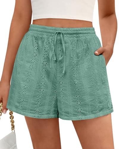 KIRUNDO Shorts for Women Summer Casual Lace Elastic Waist Drawstring Cute Eyelet Boho Lounge Shorts Beach Vacation Outfits(Sage Green, Medium)