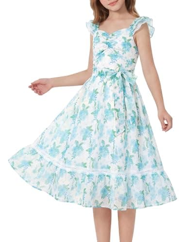 GRACE KARIN Girls Dresses Size 8, Floral Spring Dress for Girls 7-8, Easter Flower Girl Dresses for Wedding Party, Flutter Sleeve Maxi Holiday Dress for Little Girls - Image 1