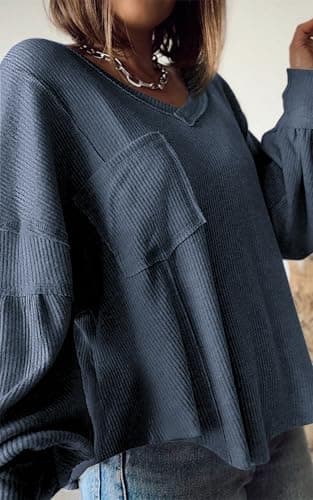 BTFBM Womens Fall Fashion 2026 Long Sleeve Shirts Casual V Neck Ribbed Knit Blouses Pullover Trendy Loose Fit Tunic Tops(Solid Light Grey Blue, Small) - Thumbnail 4